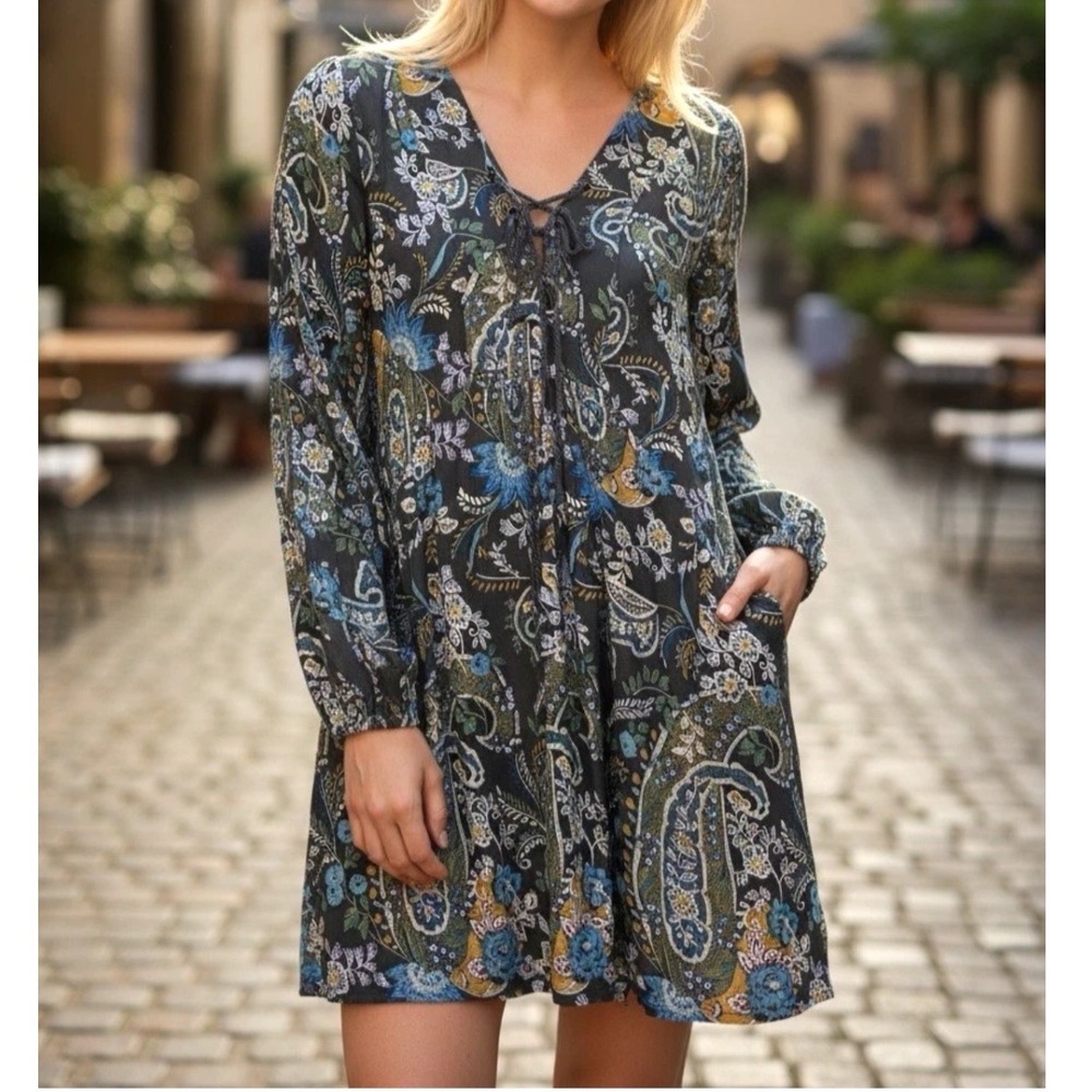 Free People Rain or Shine Paisley Lace Up Mini Dress Tunic Green Blue Medium